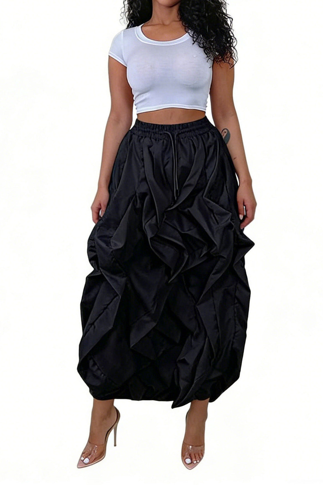 Ruched Drawstring Parachute Maxi Skirt Lavish Daily