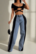 Wide Jeans with Wide Contrast Side Lines Lavish Daily