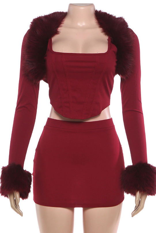 Crop Faux Fur Blouse & Corset 3 Piece Set LavishDaily