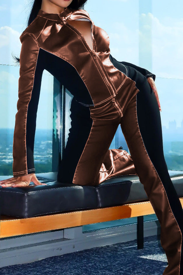 PU Leather Long Sleeve Top and Pants Set Lavish Daily