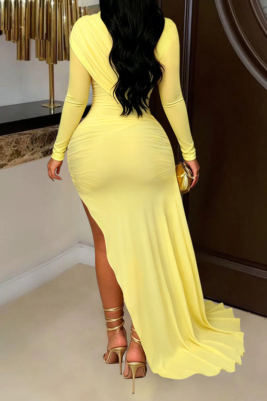 Mock Neck Ruched Mini Dress with Draped Train Lavish Daily