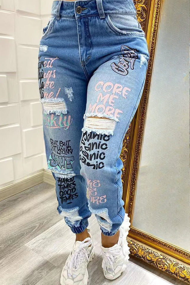 Letter Print Ripped Jeans Lavish Daily