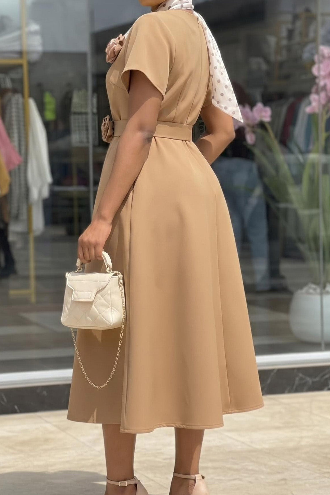 3D Rosette Belted A-Line Midi Dress Lavish Daily