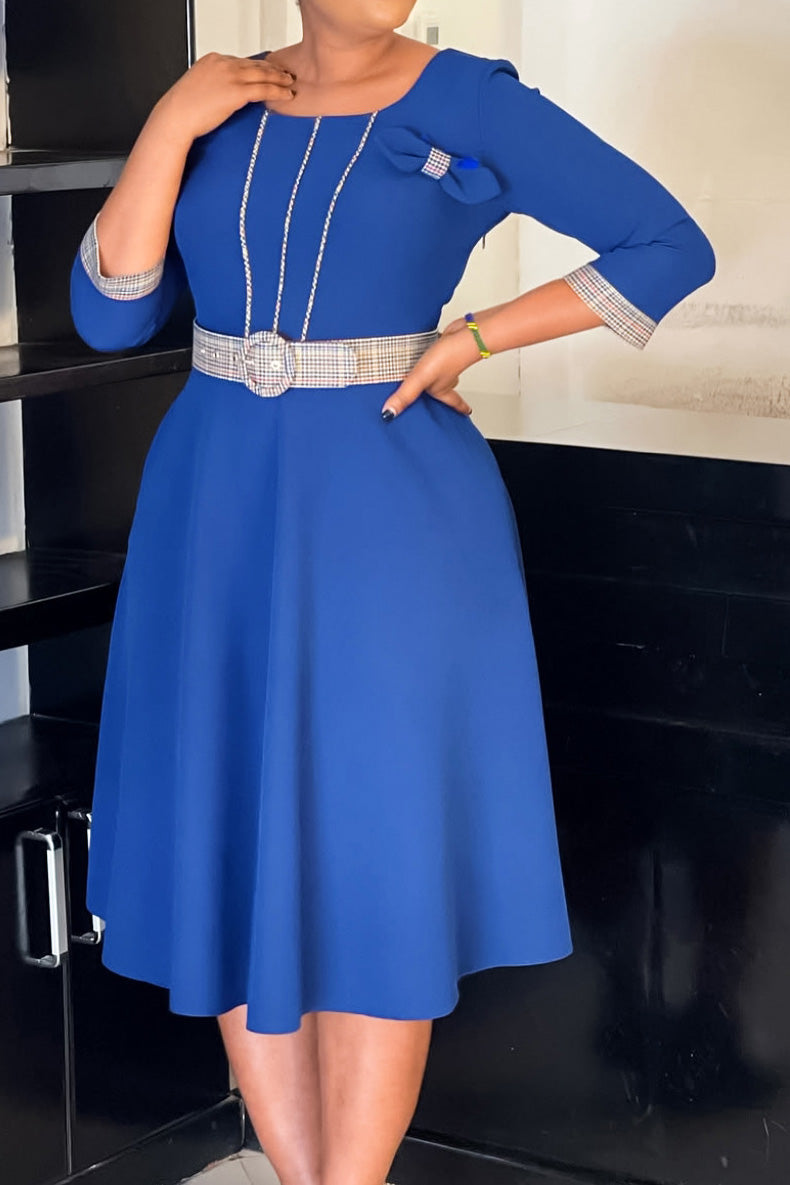 Elegant Round Neck Patchwork Midi Dress Lavish Daily