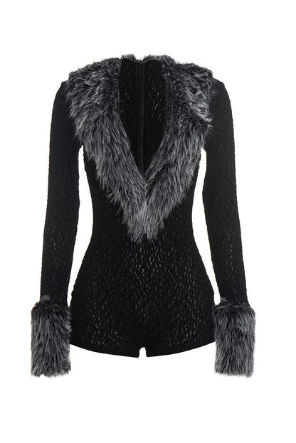 Plush-Trim V-Neck Long-Sleeve Romper Lavish Daily