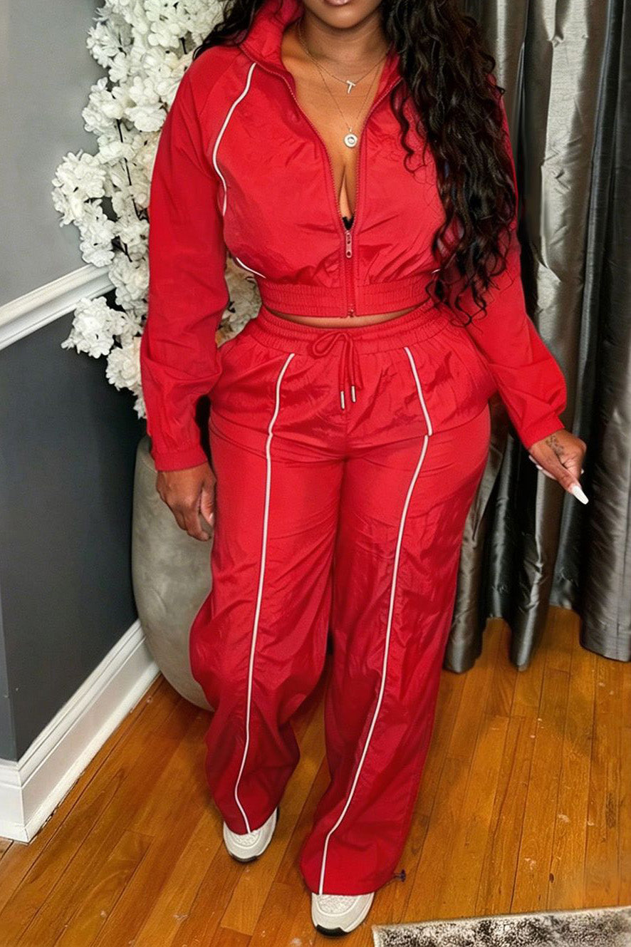 Zip-Front Piped Top & Wide-Leg Pants Set Lavish Daily