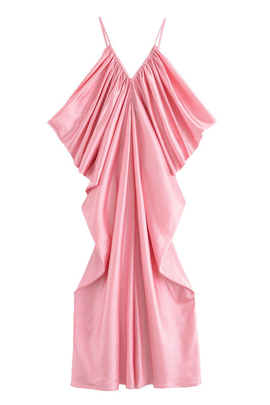 Long Satin Volume V-Neck Dress Lavish Daily
