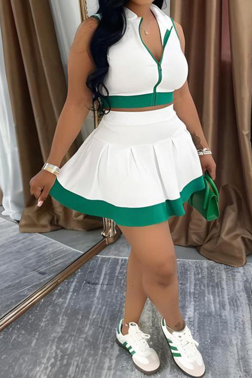 Colorblock Sleeveless Zip Top and Skirt Outfit Lavish Daily