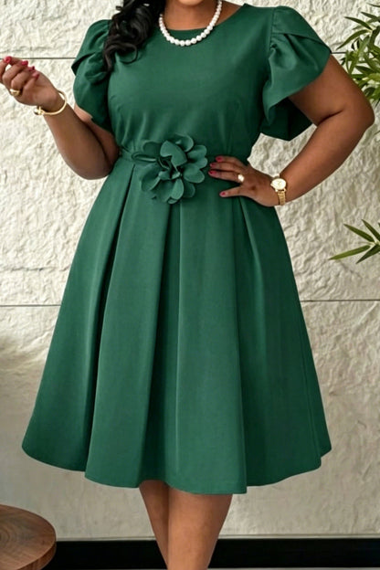 3D Floral Flutter Sleeve Pleated A-Line Midi Dress Lavish Daily