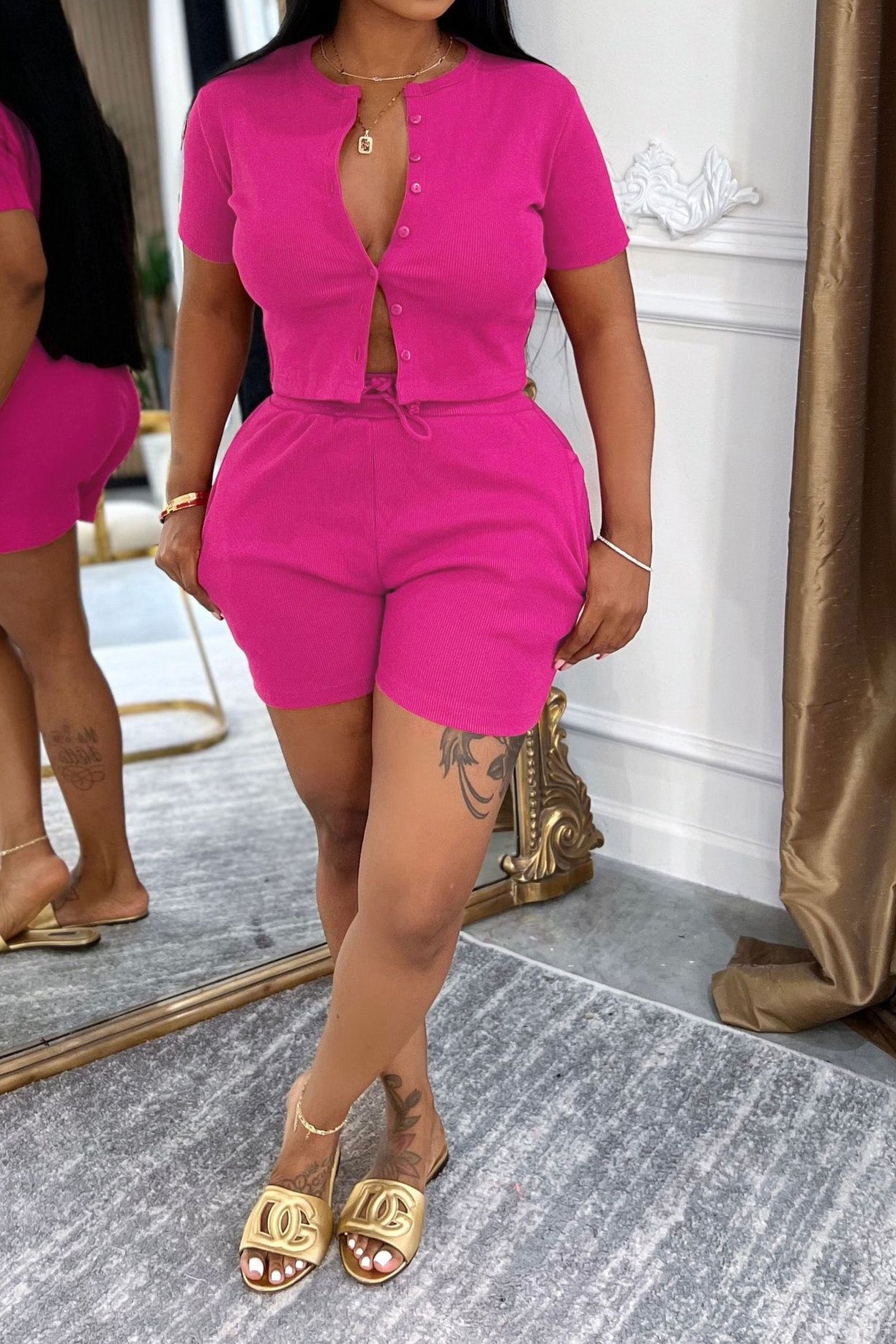 Short Sleeve Top & Ribbed Shorts 2 Piece Sets Lavish Daily