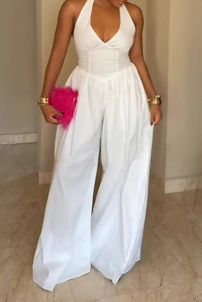 Halter V-Neck Backless Slim Wide Leg Jumpsuit Lavish Daily