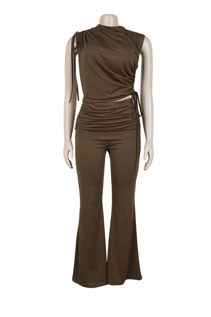 Ruched Mock Neck & Flare Pant Set Lavish Daily