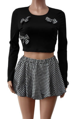 Plaid Patchwork O Neck Long Sleeve Set Lavish Daily