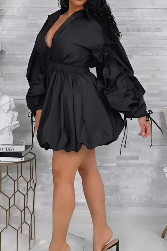 Ruched-Sleeve Button-Front Dress Lavish Daily