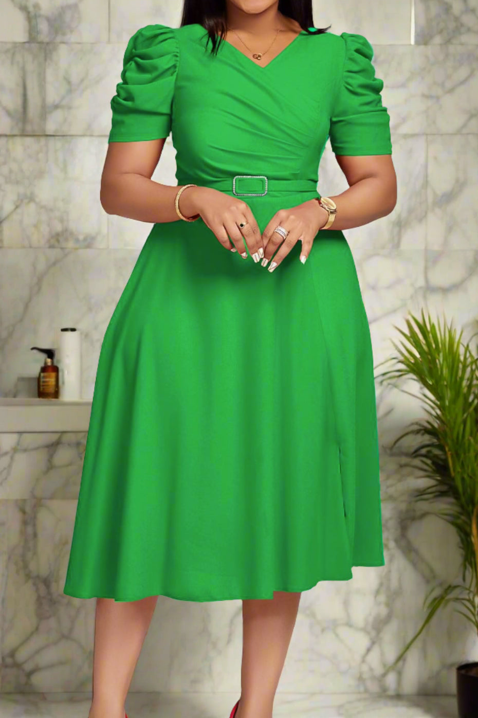 V Neck Short Puff Sleeves High Waist Midi Dress Lavish Daily