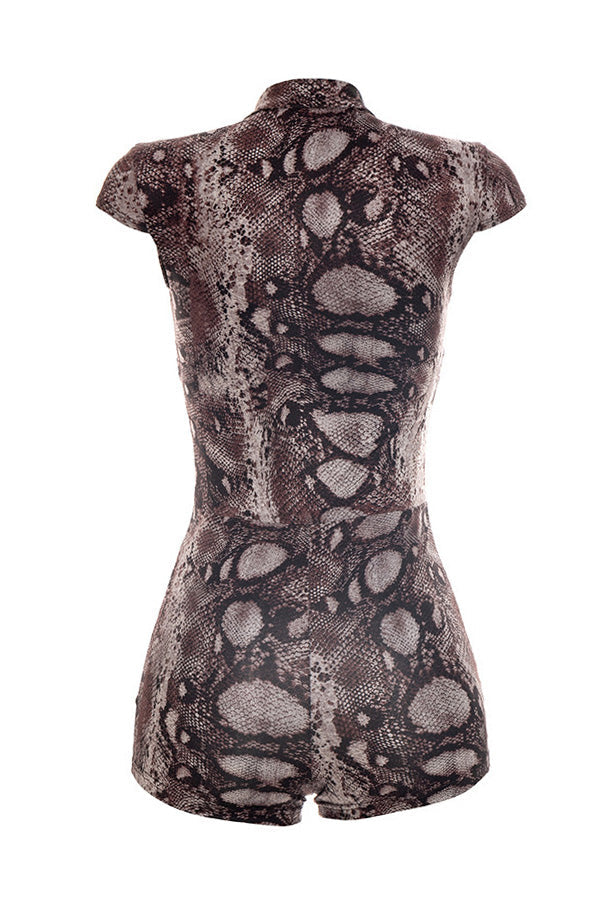 Snake Print Button-Front Bodycon Romper Lavish Daily