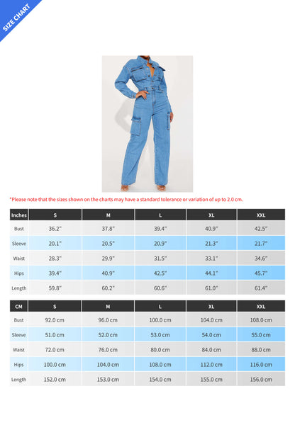 Long Sleeve Denim Cargo Pocket Jumpsuit Lavish Daily