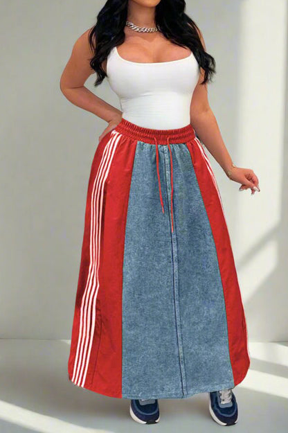 Wide Denim Skirts with Wide Contrast Side Lines Lavish Daily