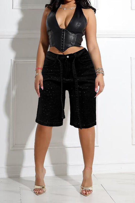 Rhinestone Denim Bermuda Shorts Lavish Daily