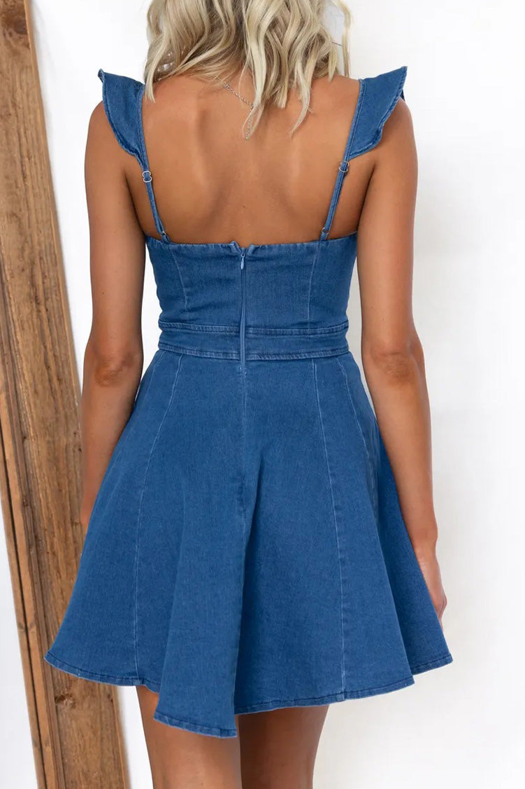 Ruffled Square Neck Denim Mini Dress Lavish Daily
