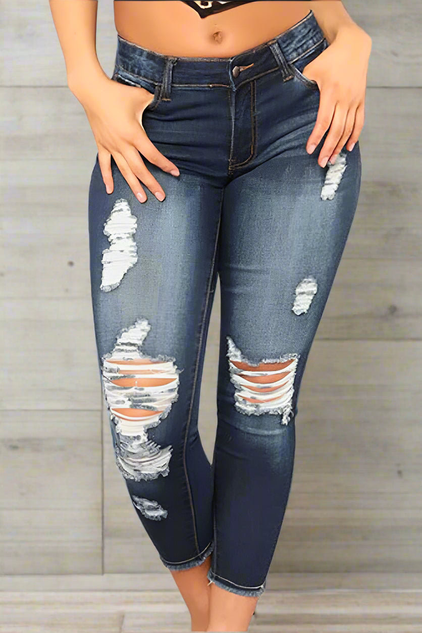 High Waist Stretch Ripped Jeans - Skinny Fit Lavish Daily