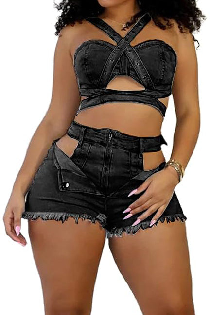 Denim Top & Cut Out Shorts Set Lavish Daily