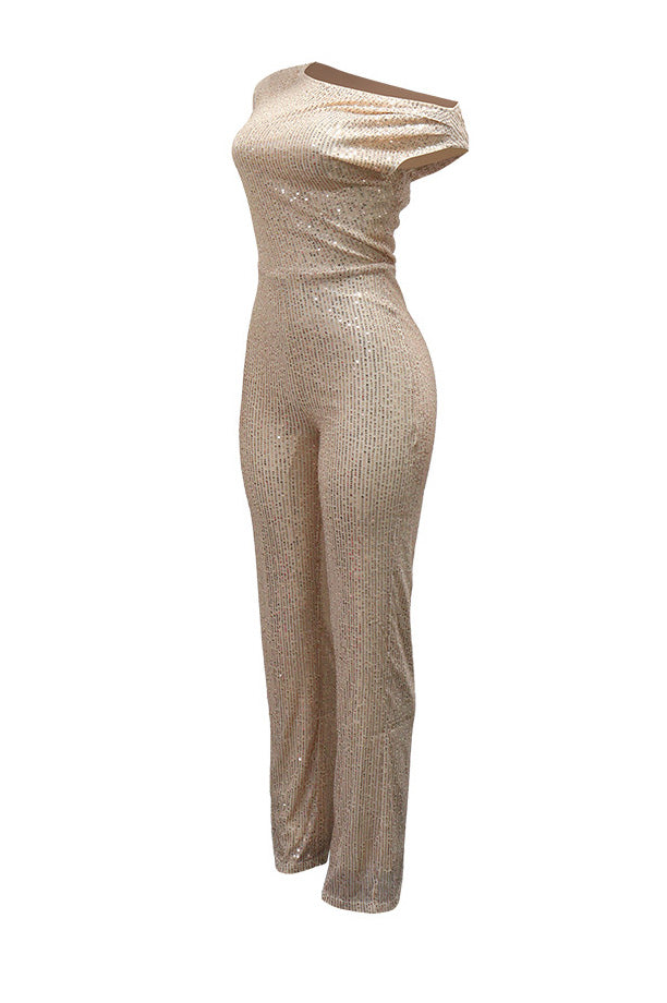 Sequin One-Shoulder Wide Leg Jumpsuit Lavish Daily