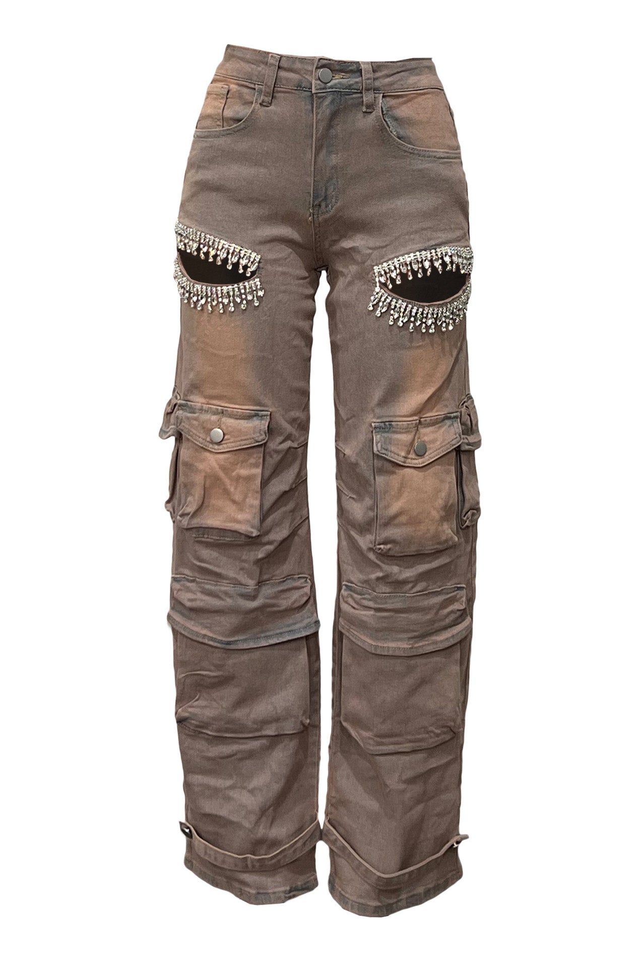 Rhinestone Embellished Denim Cargo Pants Lavish Daily