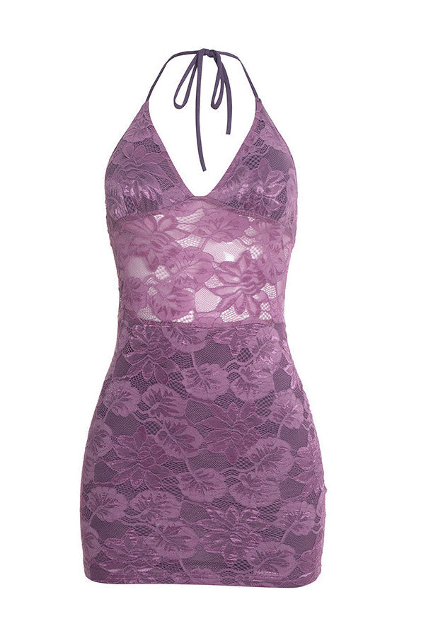 Lace Halter Mini Dress & Cardigan Set Lavish Daily