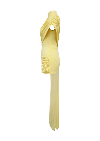 Ruched High Neck Asymmetrical Train Mini Dress Lavish Daily