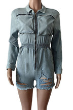 Long Sleeve Stretchy Washed Denim Romper Lavish Daily