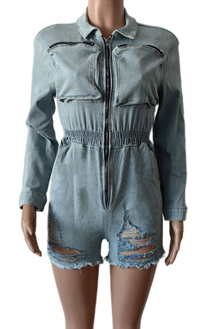 Long Sleeve Stretchy Washed Denim Romper Lavish Daily