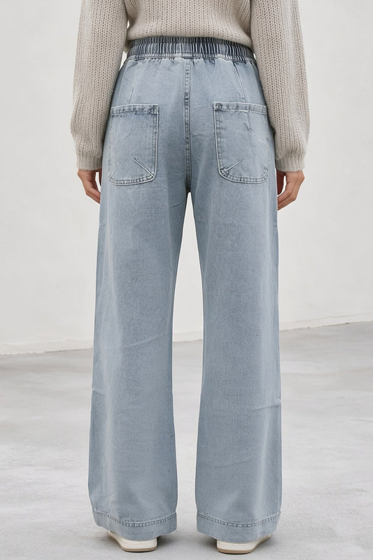 Elastic Waist Non-Stretch Ripped Wide Leg Jeans Lavish Daily