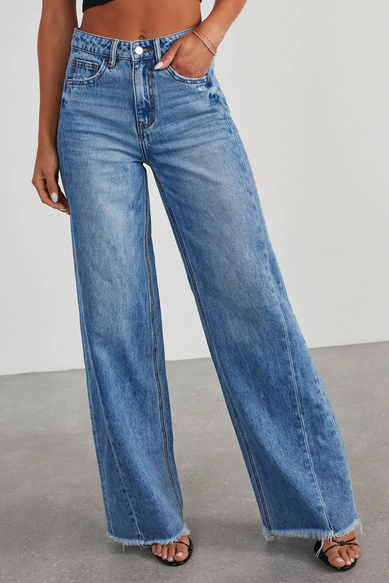 High Waisted Frayed Hem Denim Pants Lavish Daily