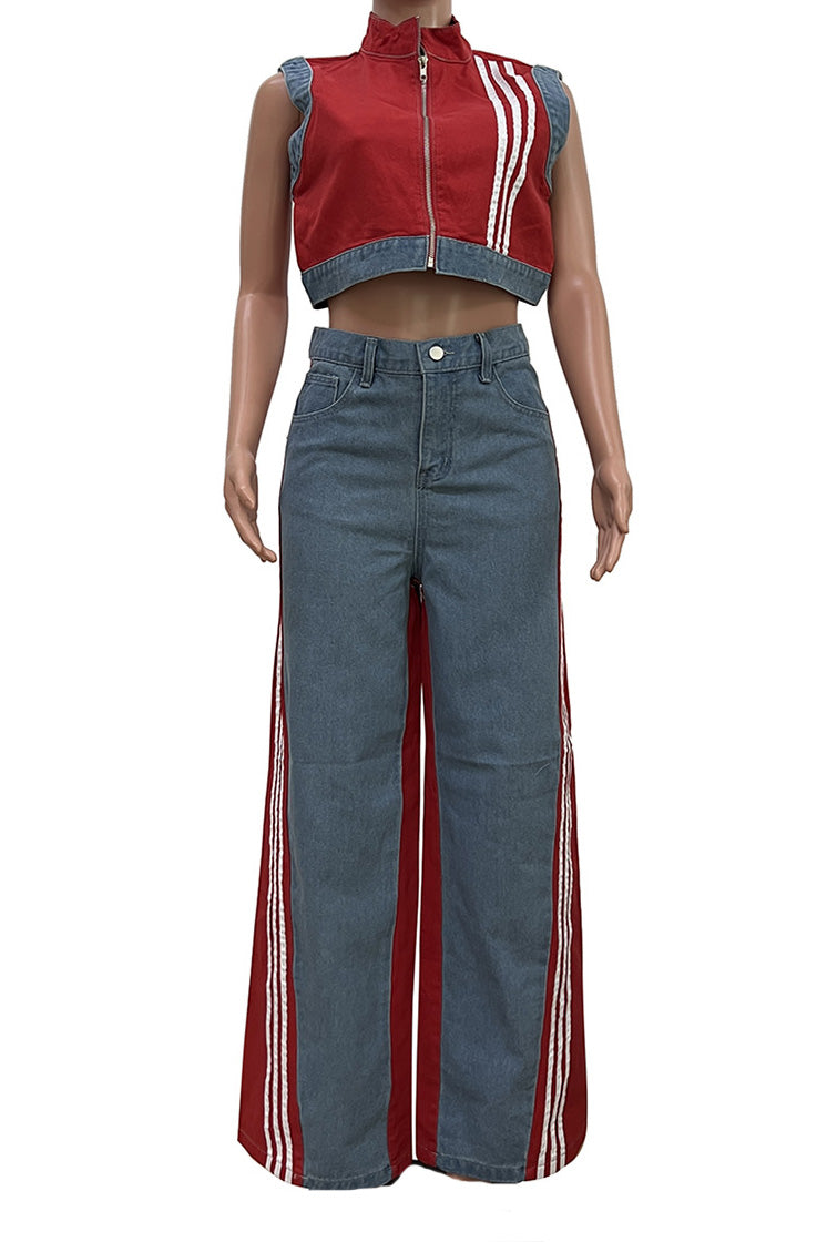 Striped Cropped Top Denim Pant Sets Lavish Daily