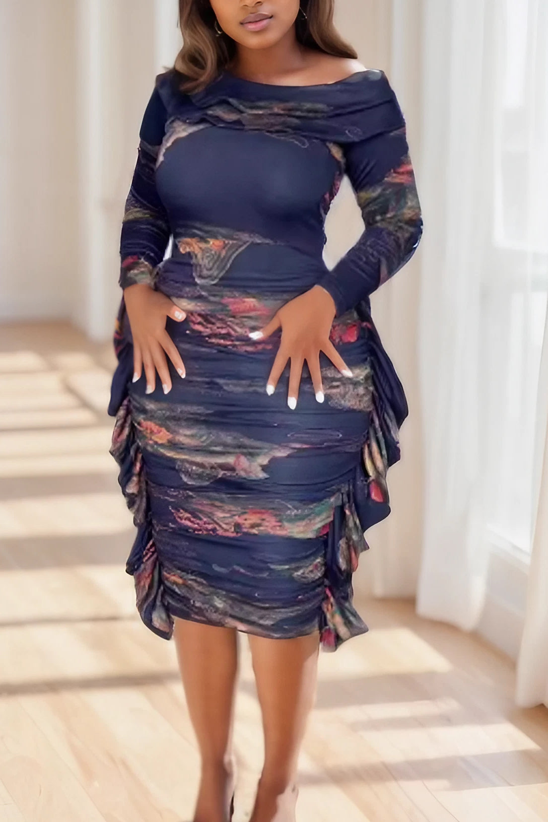 Printed Long Sleeve Ruched Bodycon Dresses Lavish Daily