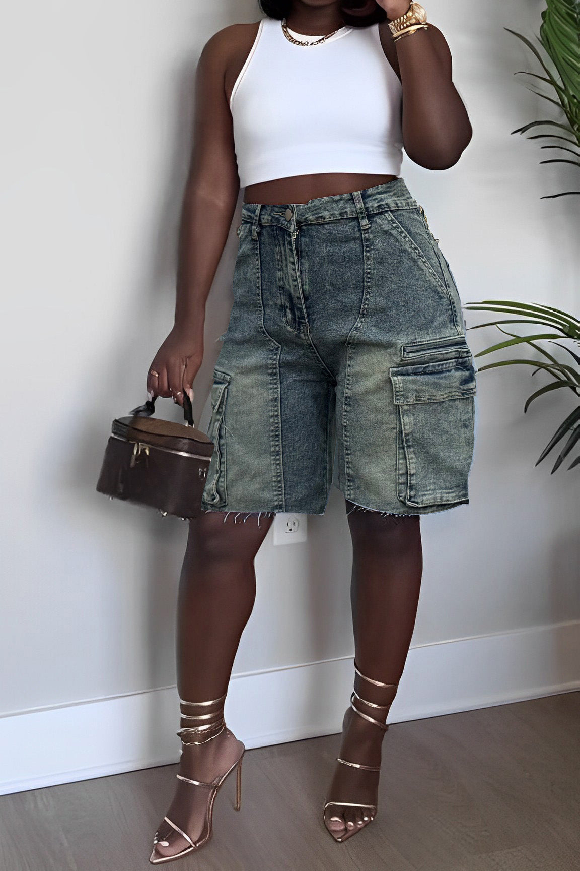 Vintage Wash Raw Hem Denim Cargo Jorts Lavish Daily