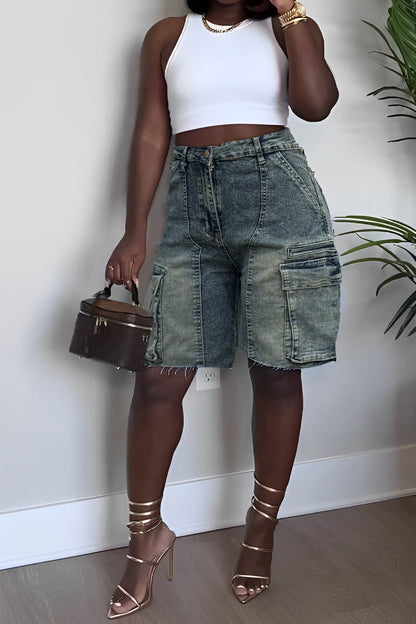 Vintage Wash Raw Hem Denim Cargo Jorts Lavish Daily