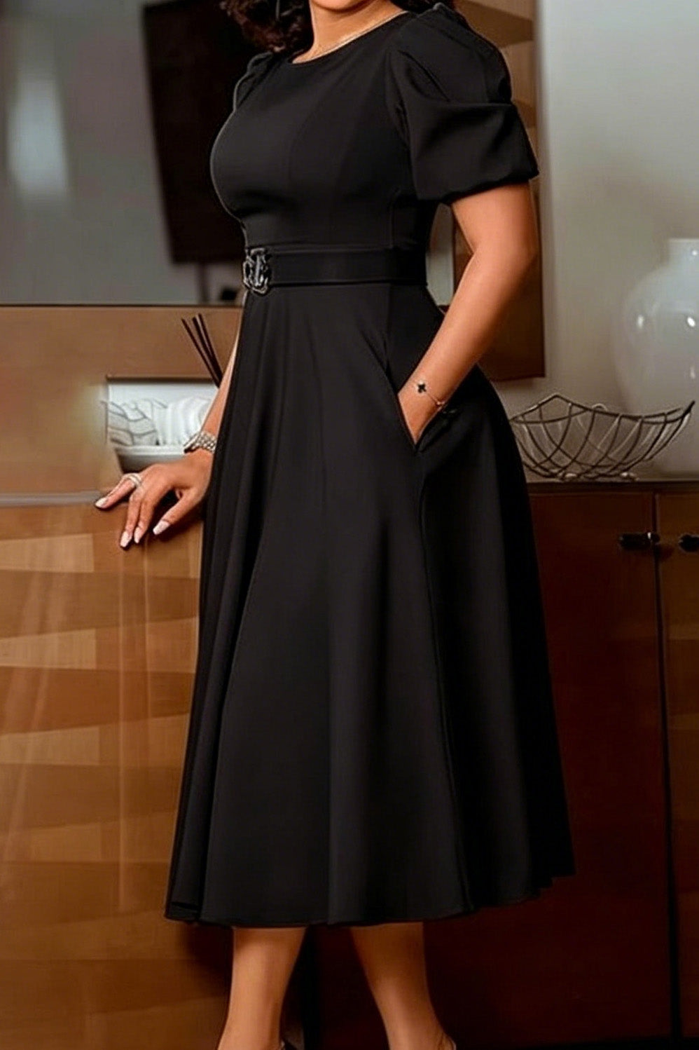Puff Sleeve Belted A-Line Midi Dress with Pockets Lavish Daily