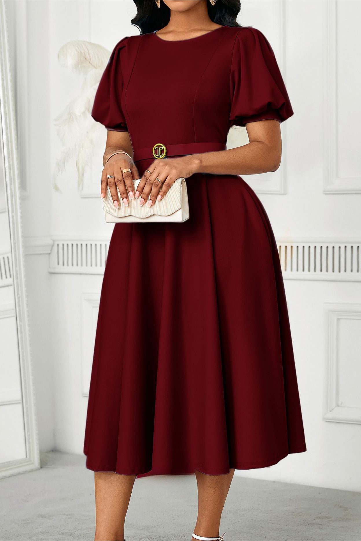 Puff Sleeve High Waist Solid Round Neck Dress Lavish Daily