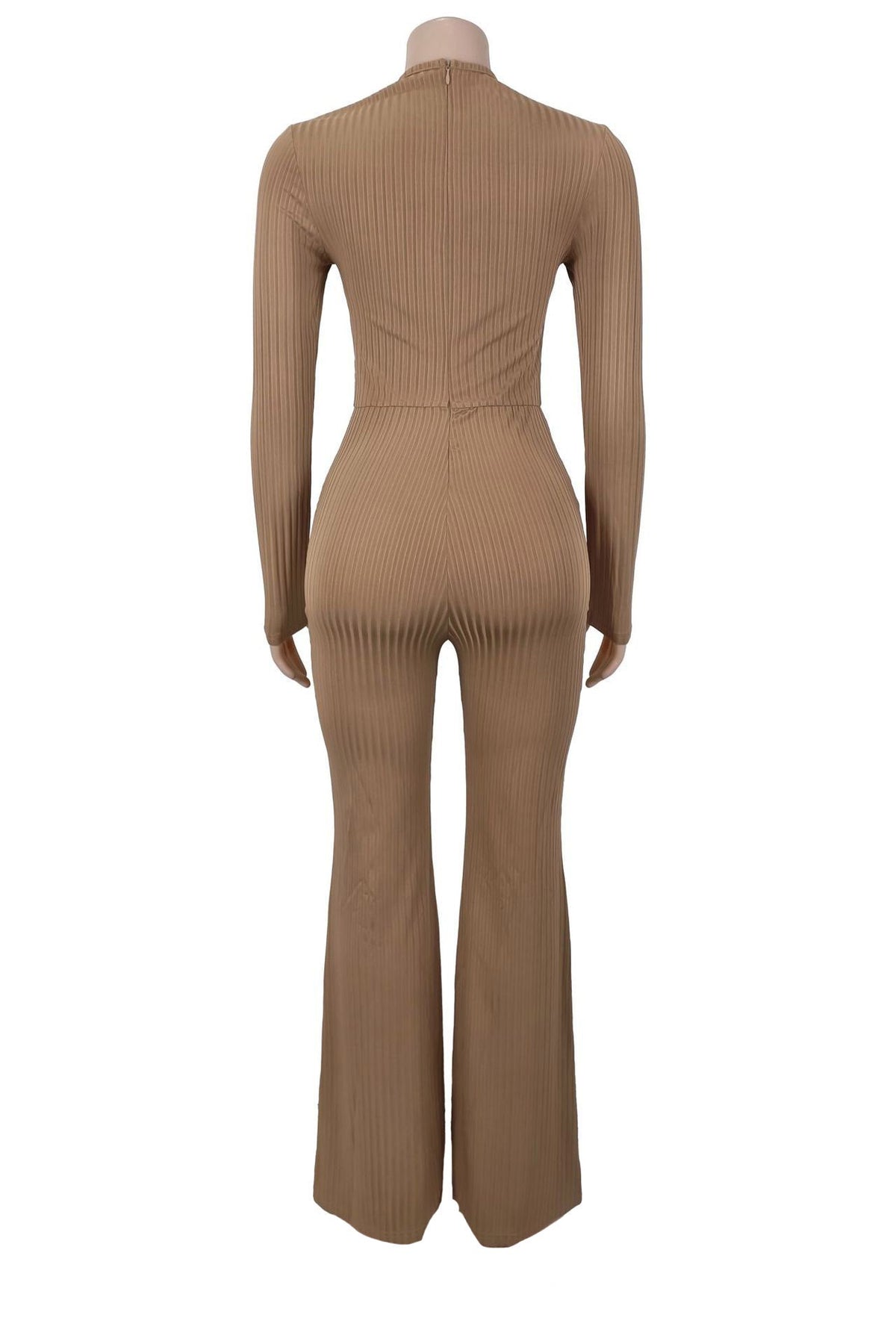 Ribbed Cutout Long-Sleeve Flared Jumpsuit Lavish Daily