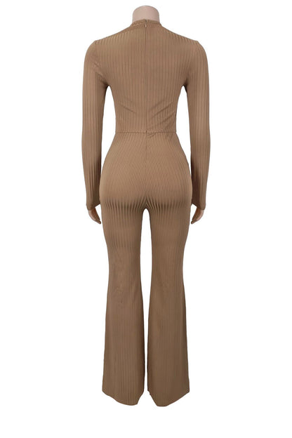 Ribbed Cutout Long-Sleeve Flared Jumpsuit Lavish Daily