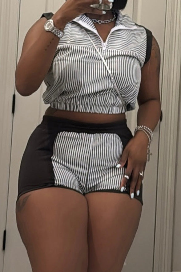Contrast Panel Striped Half-Zip Top & Shorts Set Lavish Daily