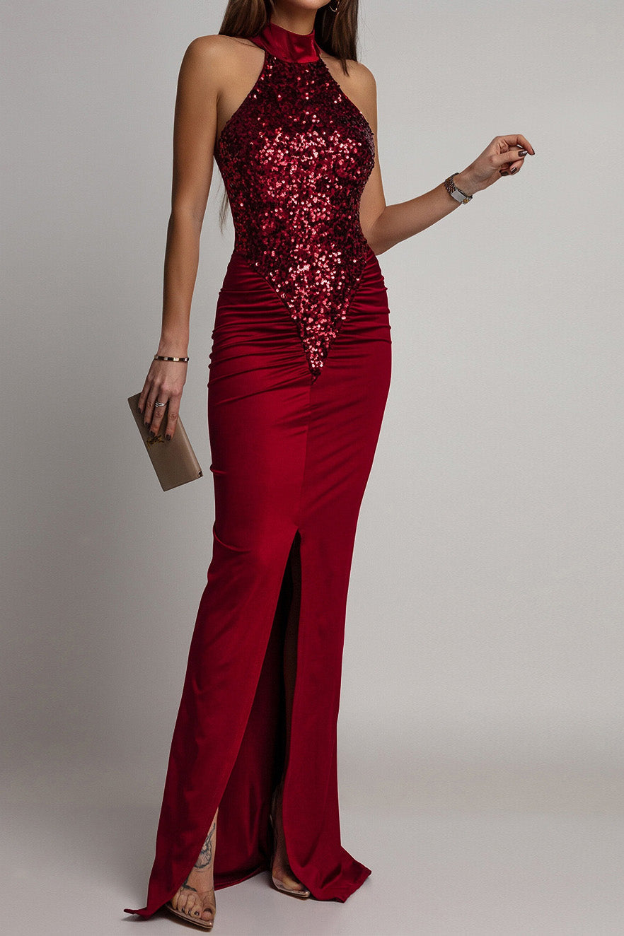 Sequin Ruffle Halter Maxi Dress LavishDaily