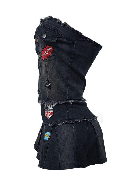 Denim Strapless Pleated Embroidered Skirt Set Lavish Daily