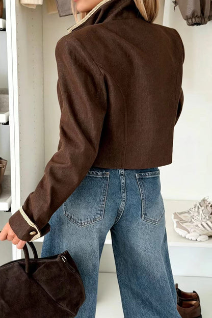 Contrast-Trim Cropped Military Jacket Lavish Daily