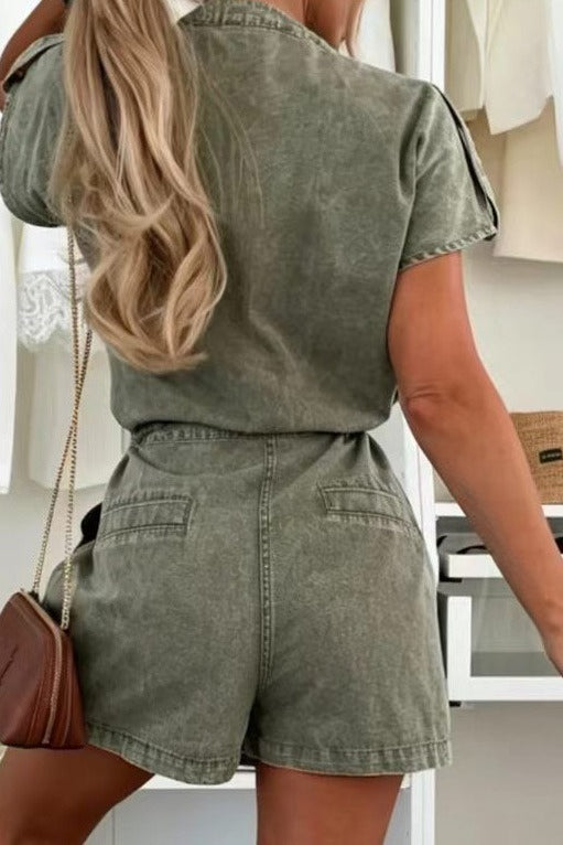 Cap Sleeve Drawstring Denim Utility Romper Lavish Daily