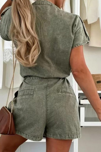 Cap Sleeve Drawstring Denim Utility Romper Lavish Daily