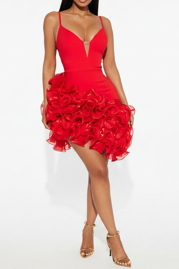 Plunging 3D Ruffle Asymmetrical Mini Dress Lavish Daily
