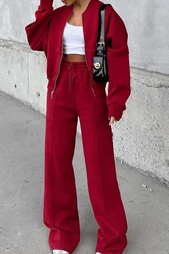 Baseball Collar Full Zip Drawstring Pants Set Lavish Daily